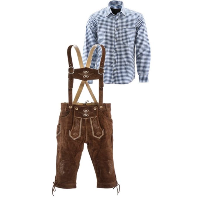 Lederhosen set F (goudbruine broek + blauw overhemd)