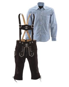 Lederhosen set C (bruine broek + blauw overhemd)