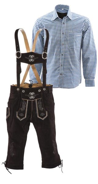 Lederhosen set C (bruine broek + blauw overhemd)