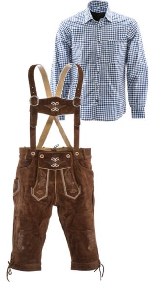 Lederhosen set F (goudbruine broek + blauw overhemd)