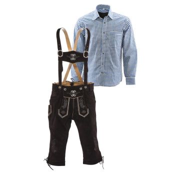 Lederhosen set C (bruine broek + blauw overhemd)